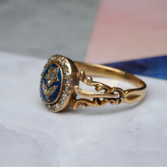 19th century 15k Gold Forget Me Not Diamond & Blue Enamel Ring - Picture 8 of 13